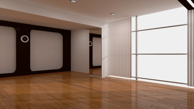 3d Rendering Interior. Blank Interior With White Walls, Oak Floor. Fitted Wardrobe