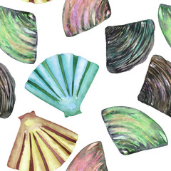 A seamless pattern with the isolated shells and mussels, painted in a watercolor on a white background
