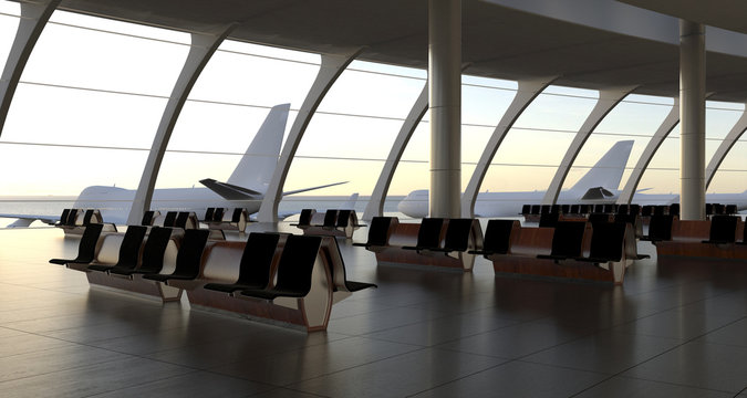 3d rendering.Modern airport passenger terminal. Empty hall interior with ceramic floor to ceiling windows and scenic background