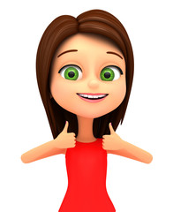 Girl isolated on white background two thumbs up. 3d render illus