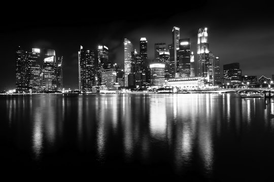 Night views of Singapore, Marina Bay panorama, black and white photo.