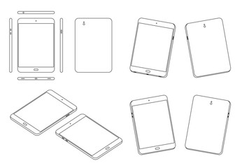 Tablet top, front, back, side, bottom and perspective 3d view outline set black and white color isolated on white background