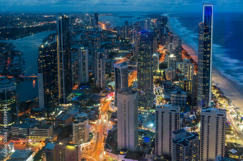 Poster City skyscrapers at night, aerial, long exposure