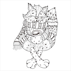 Hand drawn doodle raccoon with tea cup sleeping decorated with floral pattern .Vector line illustration.Sketch for postcard or coloring book.Boho style.