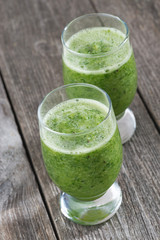 Green fruit and vegetable smoothies, top view