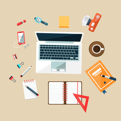 Workplace Top View Concept. Flat Design