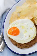 sausage with fried egg and potato on dish