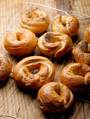Variety of traditional New York style bagels with seeds