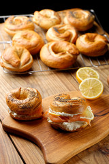 Healthy freshly baked bagel filled with smoked salmon lax and cream cheese