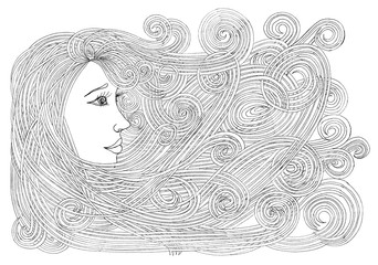 Profile of beautiful woman with waving hair.Graphic style.