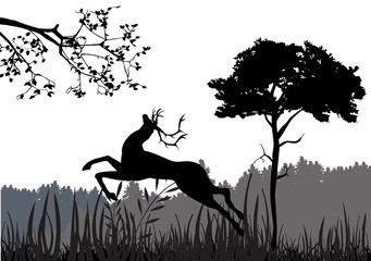 Obraz na płótnie Canvas Jumping dear vector silhouette illustration. Natural landscape vector silhouette in background.