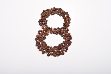 Number eight from coffee beans isolated on white background. Lov