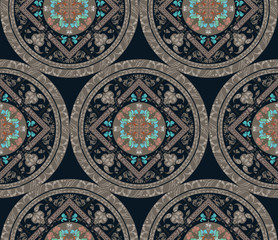 Circular seamless pattern of traditional motifs