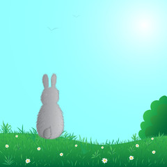 Rabbit sitting on the grass on foggy sky background. Vector illustration.