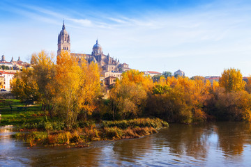 Fototapeta na wymiar Autumn view of Salamanca with river and Cathedral