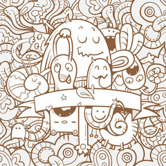 Seamless pattern with funny cartoon  monsters on  abstract background. Vector image. Doodle style.