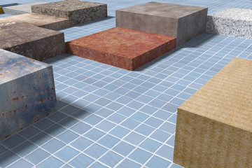 Tiled glazed floor made of volume cubes of different colors