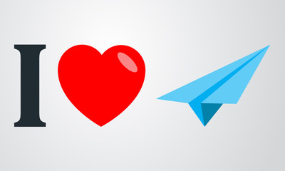 Icono plano i love avion de papel en fondo degradado