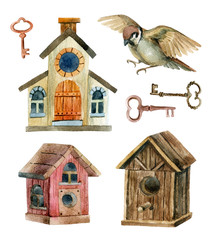 Retro birdhouses and keys. Three cute rustic birdhouses