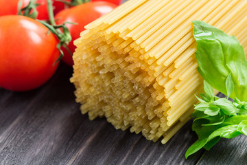 Italian spaghetti on a wooden table.