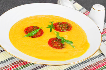 Pumpkin Soup with Carrot and Cherry Tomatoes, Saffron, Dried Her