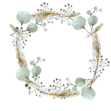 wreath made of feathers of birds Watercolor painting. Can be used for postcards, prints and design  