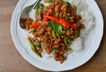 stir-fried minced pork with chili and basil leaves on rice
