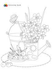 Still life with watering can, garden flowers and cherries for coloring book. Vector doodle floral illustration in black and white.