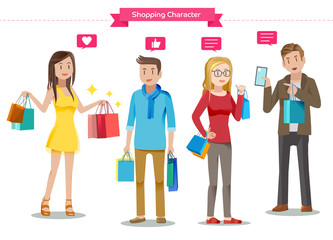 Character of shopping.Met by chance.The purchase has been completed.The dialogue in the mall.Describing the features of the product.Friendship of buyer in Department store.Graphic and vector EPS 10.
