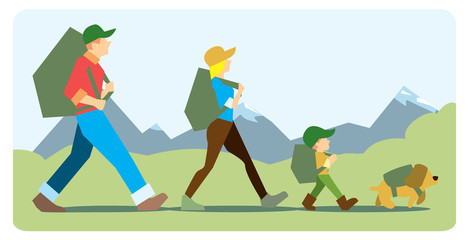 Family going to the mountain with backpacks. Family travelers, active forms of recreation, hiking, adventures. On the background of mountains with snow-capped peaks.