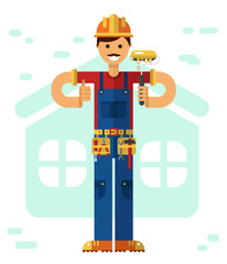 Vector flat style illustration of smiling construction builder or worker with mustache in hardhat, standing with paint roller, equipment and thumbs-up isolated on white background.