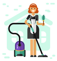Flat vector illustration of household and cleaning. Smiling french maid with vacuum cleaner and broom. Housekeeping concept