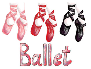 Red, pink and black ballet pointe shoes on white background