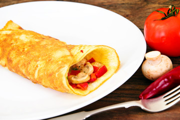 Healthy and Diet Food: Scrambled Eggs with Mushrooms and Vegetab