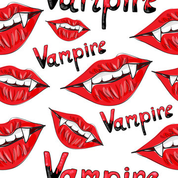 Seamless vampire pattern with fangs on white background