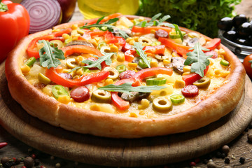 Delicious pizza with vegetables, close-up