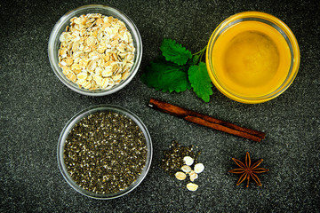 Chia Seeds, Oatmeal, Honey in Glass Bowl