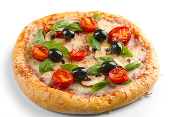 Delicious tasty pizza with vegetables, isolated on white