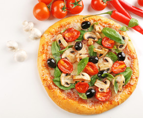 Delicious tasty pizza with vegetables, isolated on white