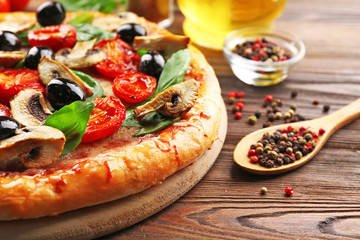 Delicious tasty pizza, closeup