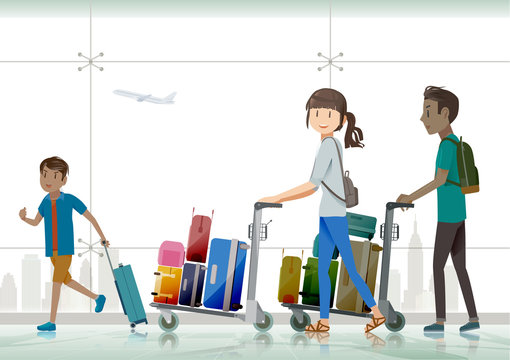 The tourist pushing baggage cart at the airport.Using a cart for moving luggage.Travel by plane happily.Travel with family on vacation.Walking in the airport.Graphic design and EPS 10.