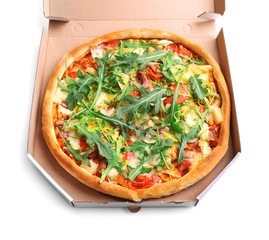 Fresh pizza in carton box isolated on white