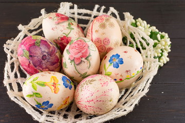 Decorated Easter eggs in a basket