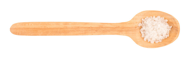 sea salt on wooden spoon isolated on white background