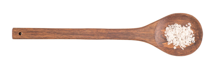 sea salt on wooden spoon isolated on white background