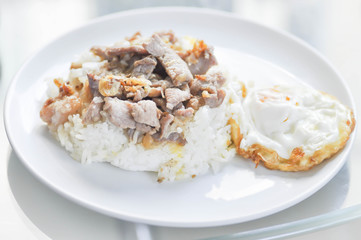Fried sliced pork with garlic ,Rice topped with stir-fried pork