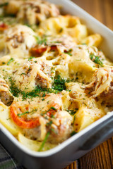 Vegetable casserole with potatoes and meatballs 