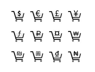 Shopping carts icons with main currency signs inside