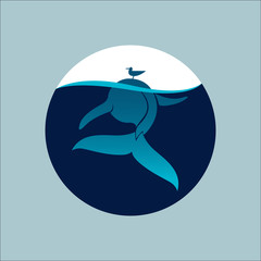 Blue whale with seagull sign emblem vector illustration