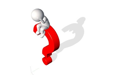 3d man thinking with red question marks over white background